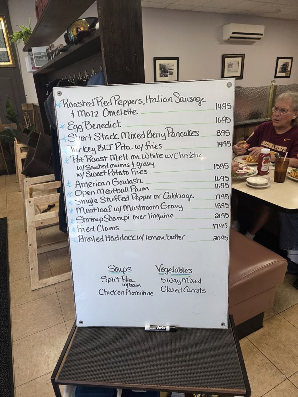 Breakfast menu with omelets and pancakes