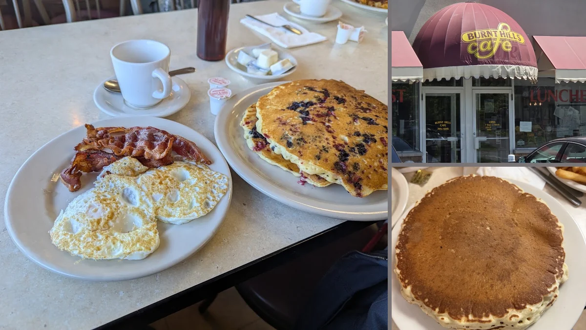 Cozy diner tables with bright breakfast plates